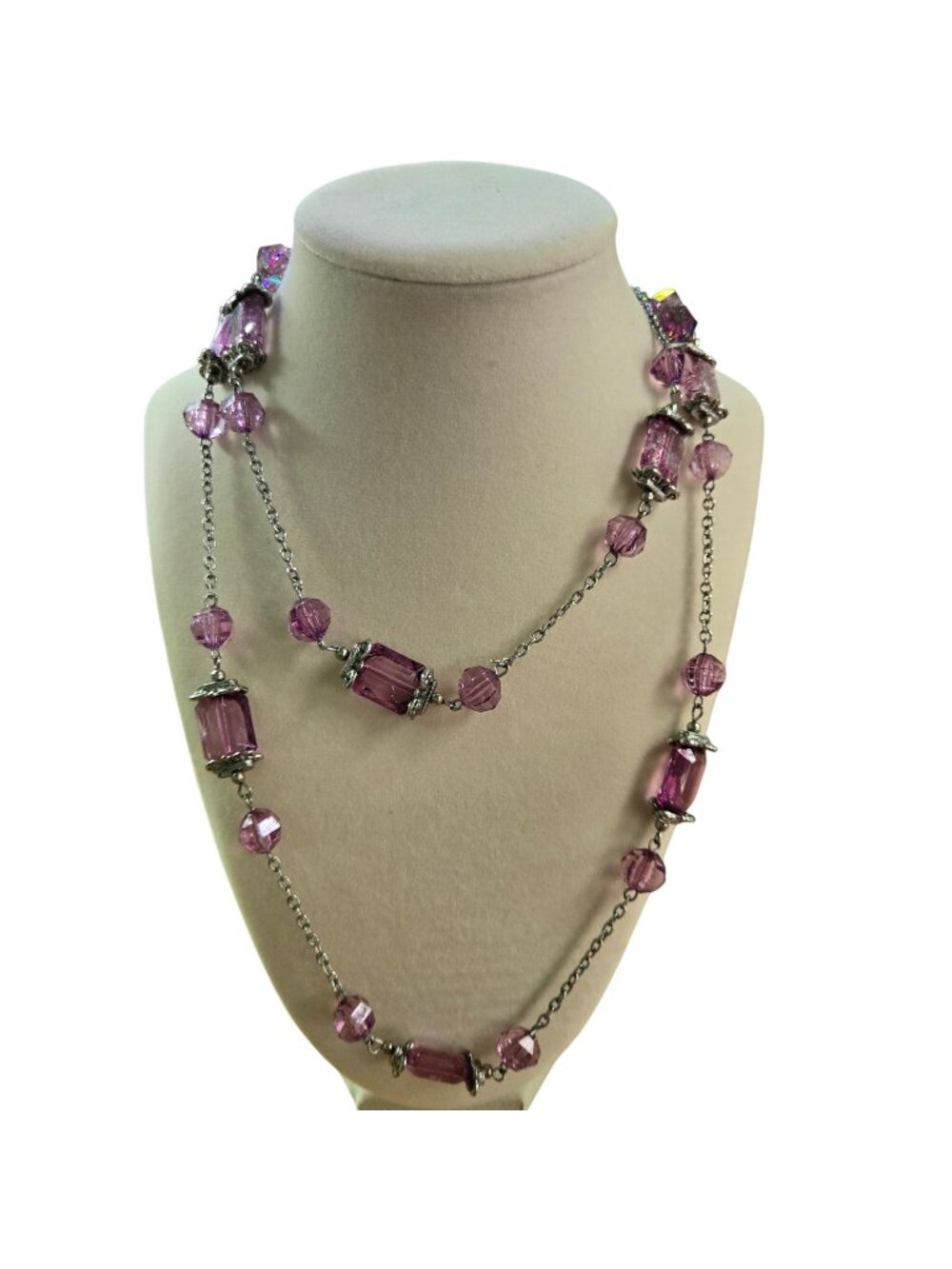 Vintage Mid Century Silvertone Purple Crystal 38" Adjustable Necklace